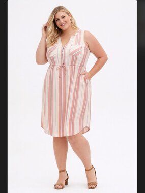 Torrid Stripe Challis Dress 2X Pink Zip Front Sleeveless Mini Tie Waist Pockets